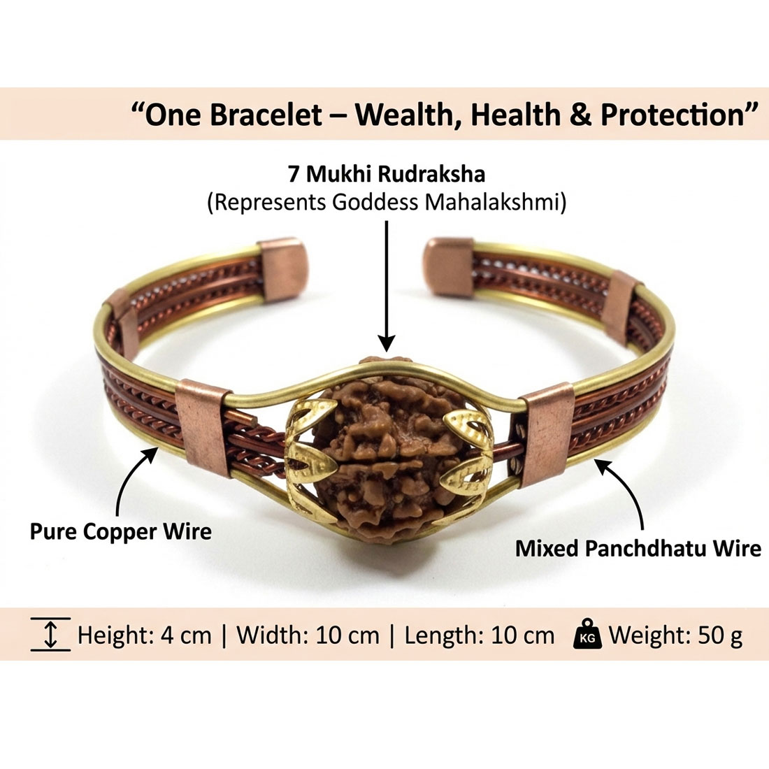 7 Mukhi Rudraksha Natural Copper Kada Bracelet Panch Dhatu Wire Mix With Brass - Image 5