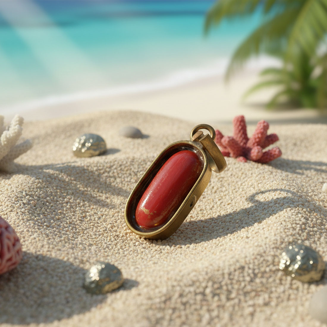 Natural Red Coral (Moonga/Munga/Pavalam) Gemstone Brass Stone Pendant with Gold-Toned Setting - Image 4