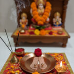 Maa Lakshmi Copper Charan Paduka with Puja Thali Plate | Sacred Footprints for Wealth & Prosperity | Vastu & Diwali Pooja Decor (9 cm Plate)