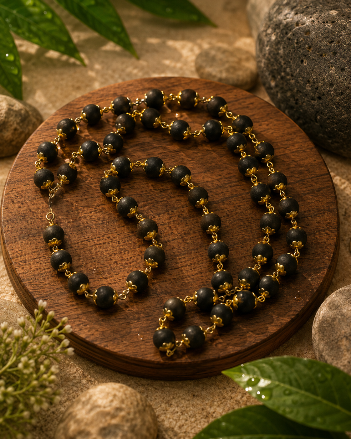 Natural Karungali Mala Black Tassel with Golden Cap Chain - Image 5