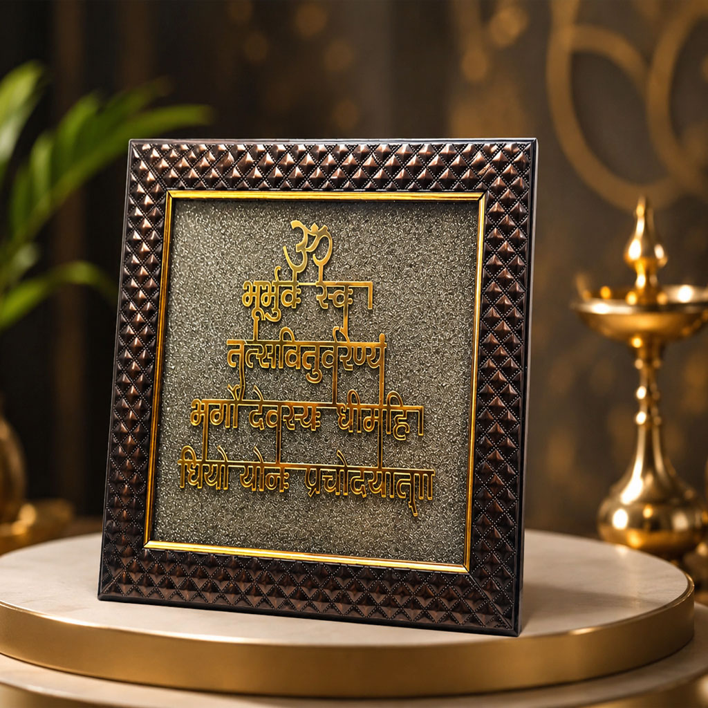Gayatri Mantra Pyrite Dust Wall Art Frame | Vastu Wealth & Positive Energy Decorative Frame for Home, Office, Meditation & Study Room