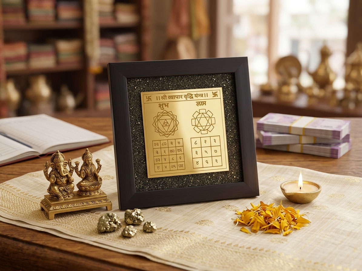 Shree Vyapar Vridhi Frane Yantra with raw Pyrite dust (Business Growth Yantra) - Image 8