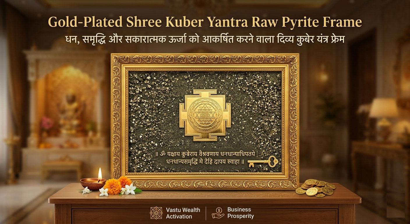 Gold-Plated Shree Kuber Yantra Raw Pyrite Frame | Wealth & Prosperity Vastu Décor for Home, Office, Cash Counter & Business Growth - Image 9