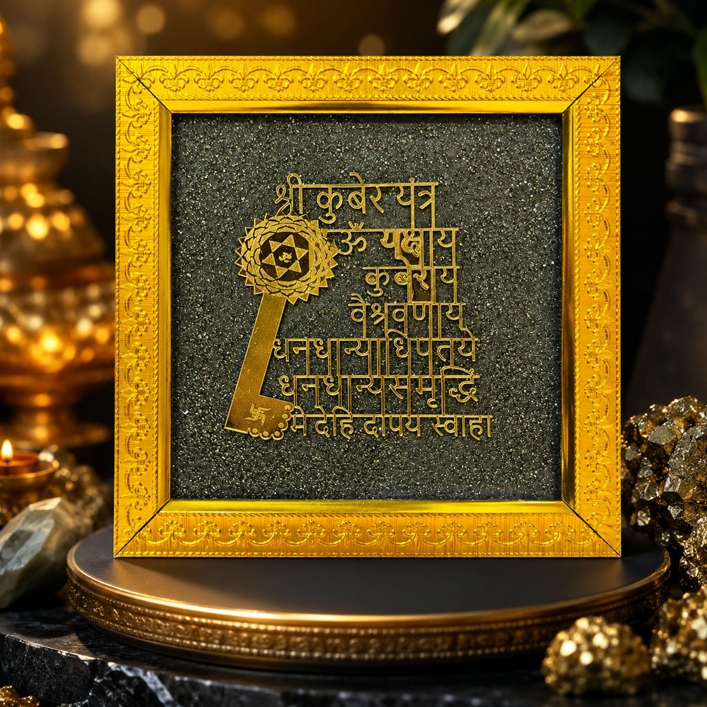 Gold-Plated Shree Kuber Yantra Raw Pyrite Frame | Wealth & Prosperity Vastu Décor for Home, Office, Cash Counter & Business Growth - Image 2