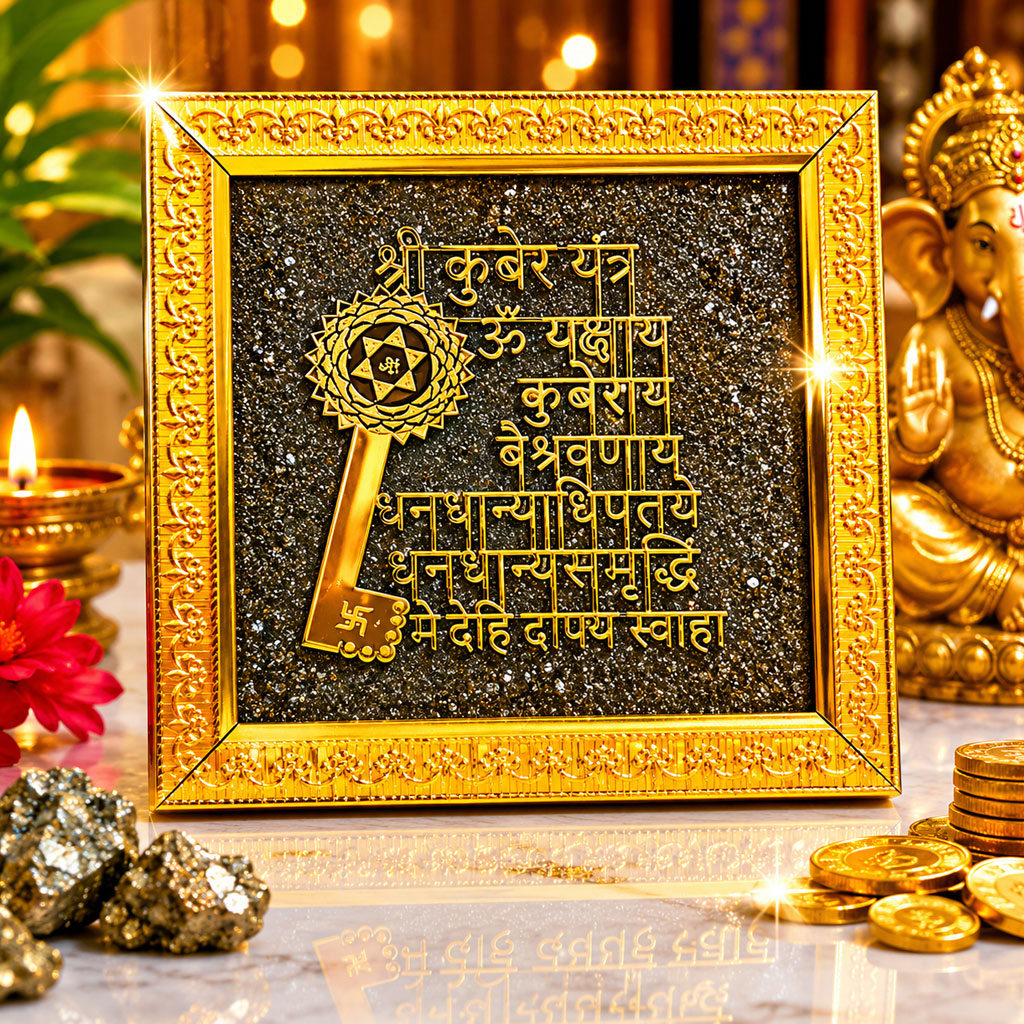 Gold-Plated Shree Kuber Yantra Raw Pyrite Frame | Wealth & Prosperity Vastu Décor for Home, Office, Cash Counter & Business Growth