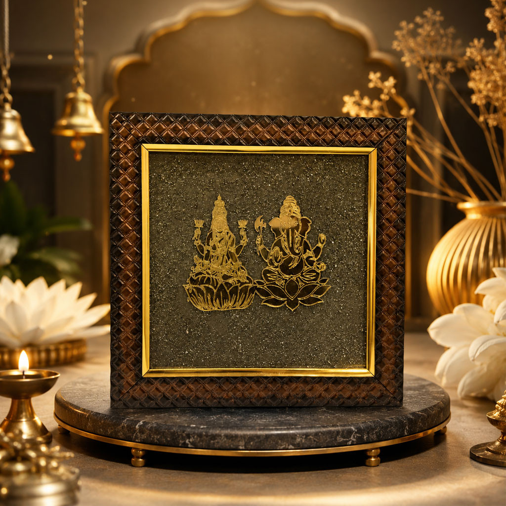 Gold-Plated Lakshmi Ganesha Pyrite Dust Frame - Image 2