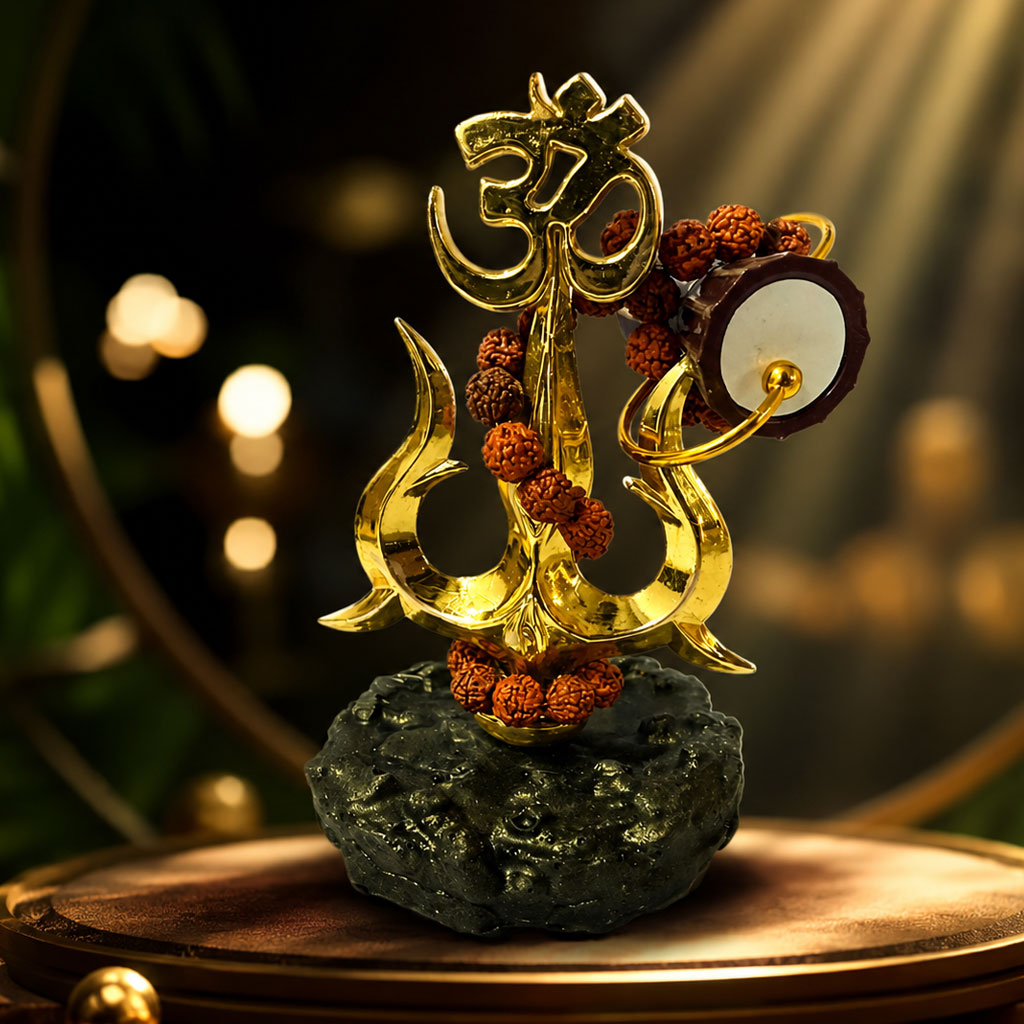Gold Plated Lord Shiva Trishul Idol with Om Symbol, Damru & Rudraksha Beads