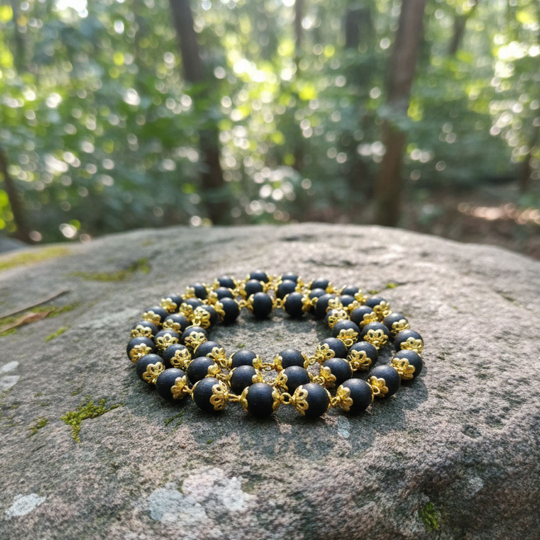 Natural Karungali Mala Black Tassel with Golden Cap Chain - Image 3
