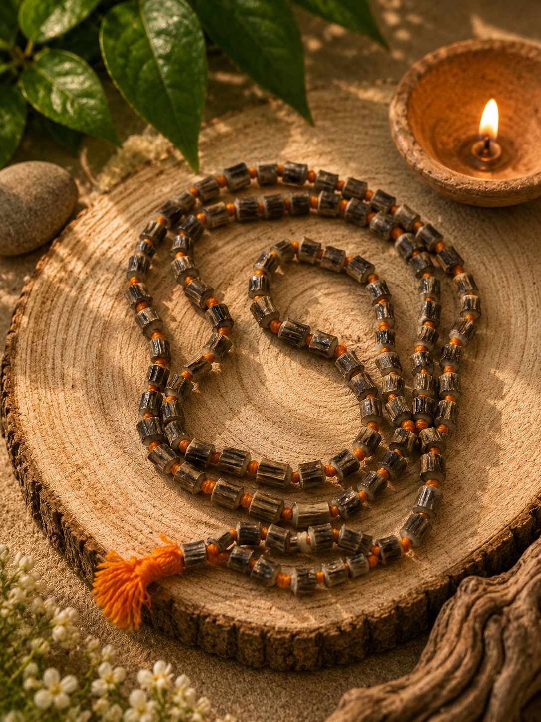 Original Shyama Tulsi Kanthi Mala (Dark Brown 108+1 Beads) & Yellow Thread for Rosary, Chanting & Wearing | Worship for Lord Vishnu, Rama, or Krishna (100% Original Holy Basil Wood) - Image 2