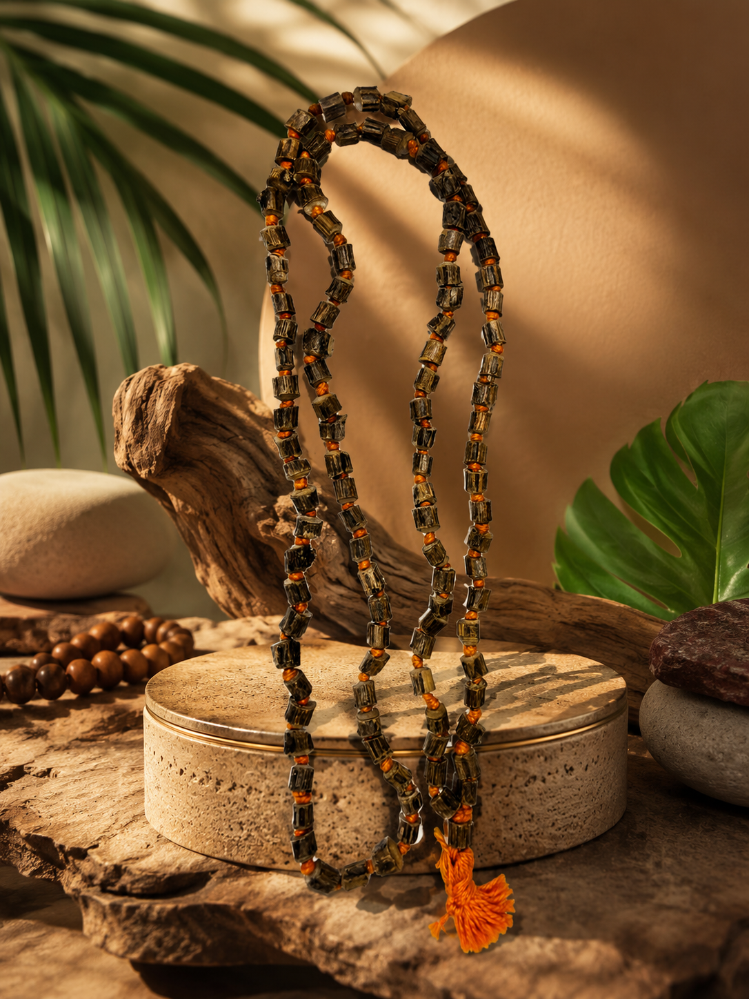 Original Shyama Tulsi Kanthi Mala (Dark Brown 108+1 Beads) & Yellow Thread for Rosary, Chanting & Wearing | Worship for Lord Vishnu, Rama, or Krishna (100% Original Holy Basil Wood)