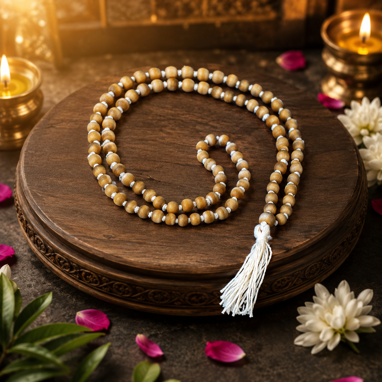 Pure White Sandalwood (Chandan) / Tulsi Japa Mala 108+1 Beads