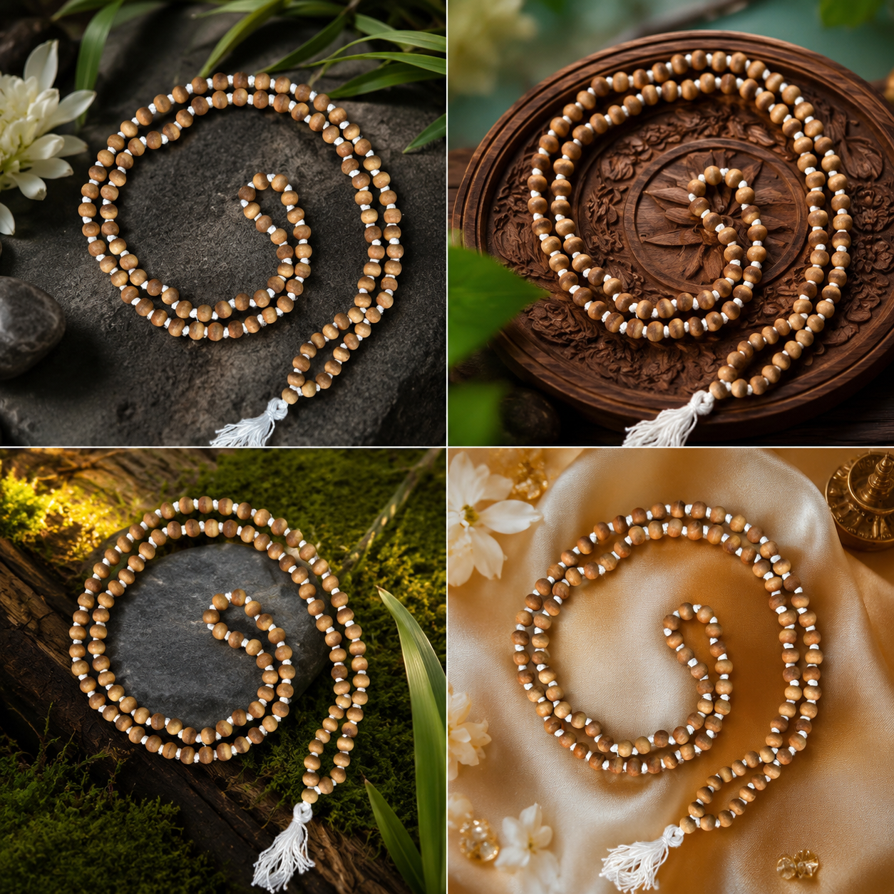 Pure White Sandalwood (Chandan) / Tulsi Japa Mala 108+1 Beads - Image 2