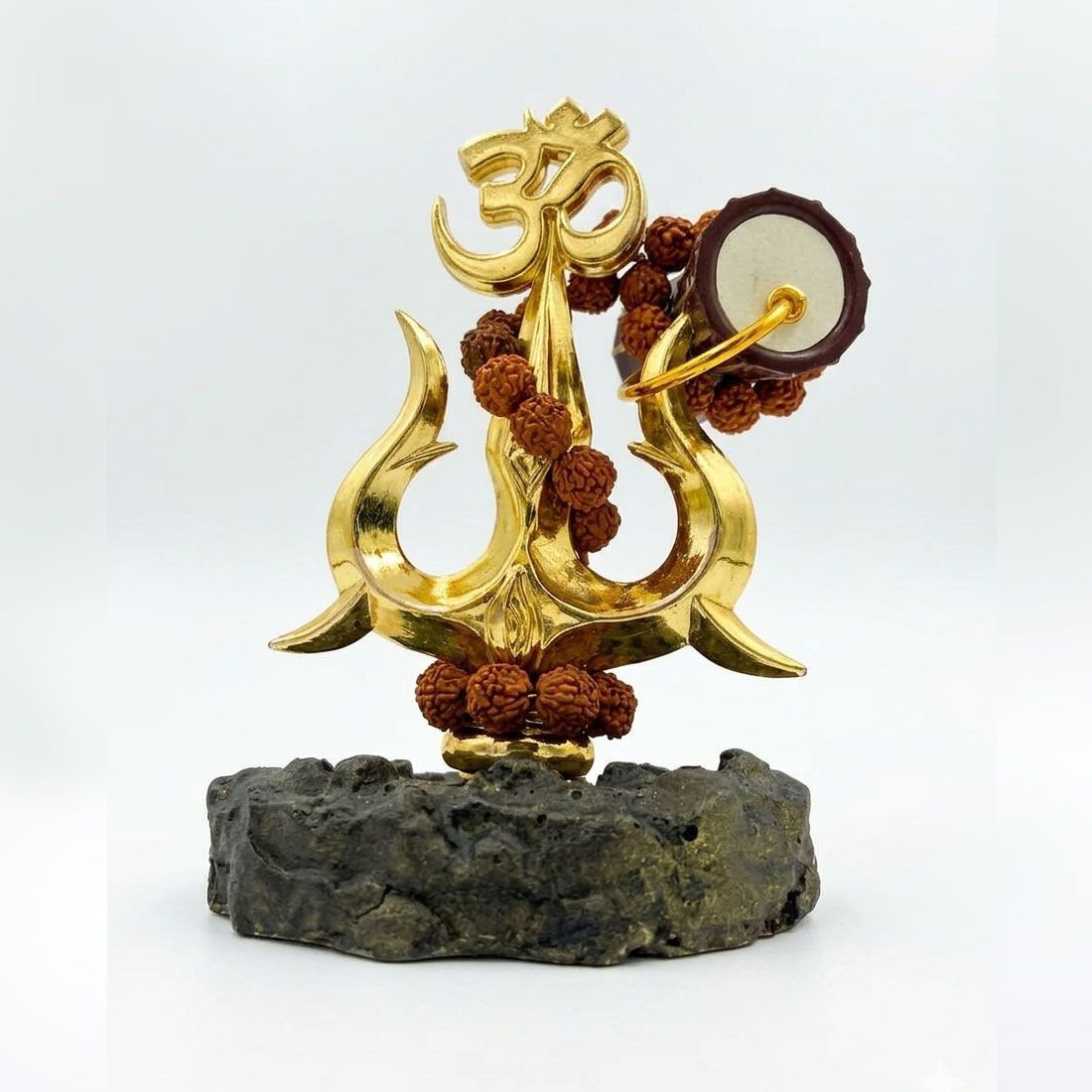 Gold Plated Lord Shiva Trishul Idol with Om Symbol, Damru & Rudraksha Beads - Image 2