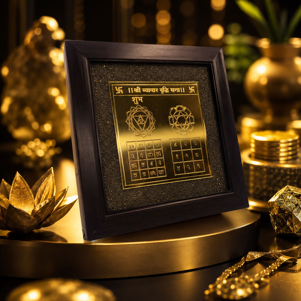 Shree Vyapar Vridhi Frane Yantra with raw Pyrite dust (Business Growth Yantra)