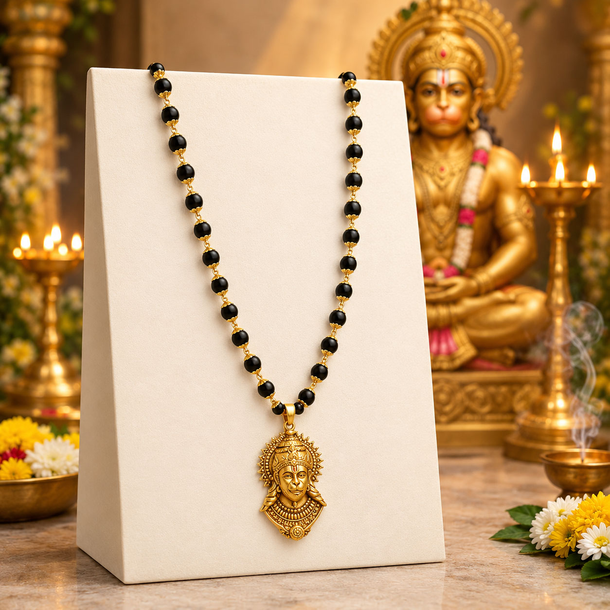 Gold-Plated Karungali Mala with Lord Hanuman Pendant | Natural Black Ebony Wood Beads Necklace for Men & Women | Spiritual, Meditation, Prayer & Devotional Wea - Image 2