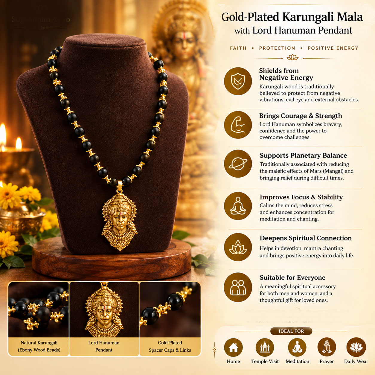 Gold-Plated Karungali Mala with Lord Hanuman Pendant | Natural Black Ebony Wood Beads Necklace for Men & Women | Spiritual, Meditation, Prayer & Devotional Wea - Image 3