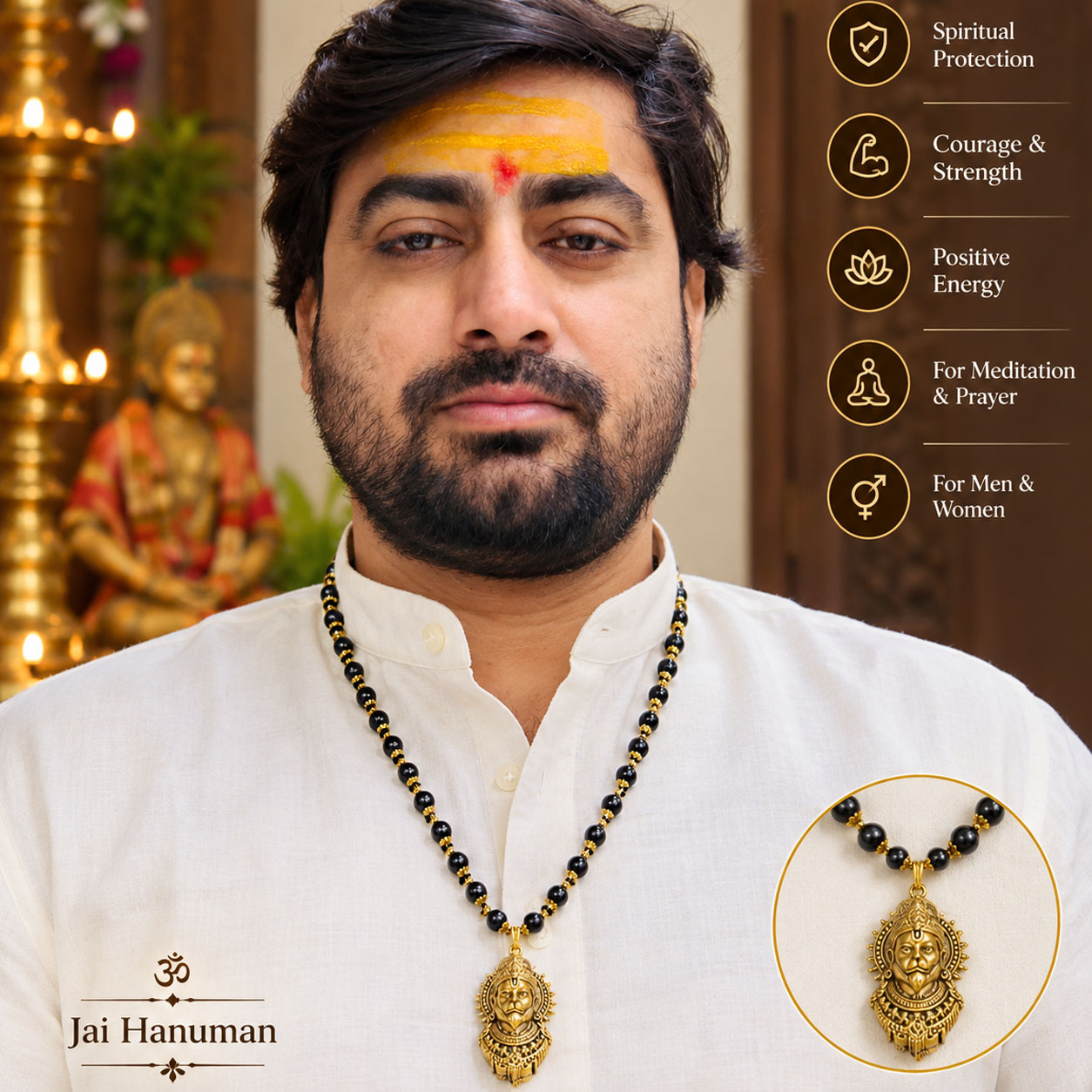 Gold-Plated Karungali Mala with Lord Hanuman Pendant | Natural Black Ebony Wood Beads Necklace for Men & Women | Spiritual, Meditation, Prayer & Devotional Wea - Image 4