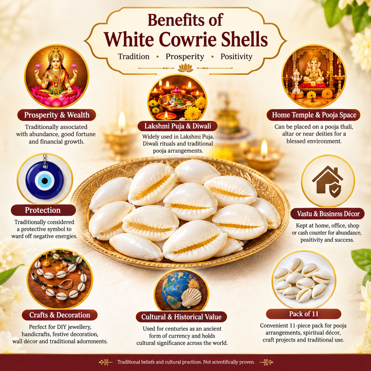 Natural White Cowrie Shells (Kaudi/Kodi) Pack of 11 | Smooth Glossy Cowrie Shells for Lakshmi Puja, Diwali Rituals, Vastu, Crafts & Decoration - Image 4